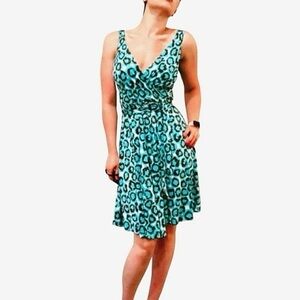 DVF Turquoise Black Midi Lora Leopard Silk Sleeveless Wrap Dress Size 8